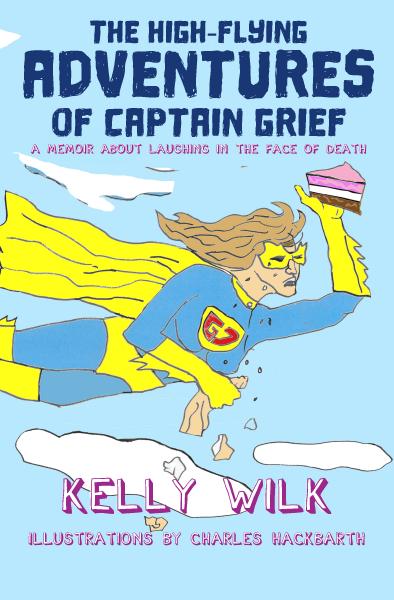 A flying female superhero, wearing a blue unitard, with yellow cape, books and mask. On her chest are the letters C and G. She is holding a cake and crying. 