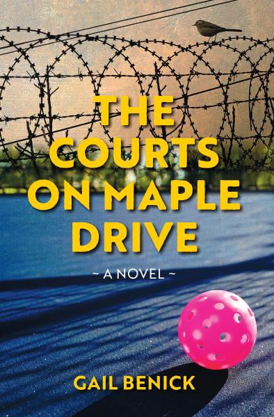 A book cover with a coil of barbed wire at the top. There is a bird sitting on it. At the bottom there is a blue pickleball court with a bright pink pickleball sitting on it.