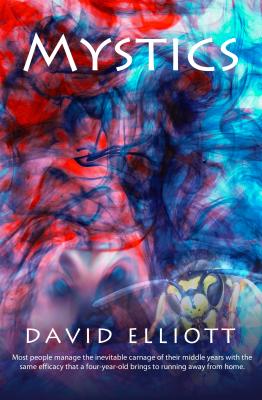 A book cover with a swirl of blue and red. In the bottom right corner there is a bee.