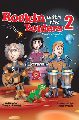 A drawing of a rock band that includes an old man with grey hair playing a guitar, and young woman with black hair and a flower tattooed on her face, playing a keyboard, and a middle-aged man with a blond ponytail playing bongo drums. They are standing on a small red planet. In front of them is a large green lizard with red stripes.