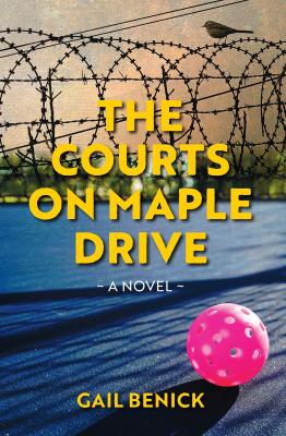 A book cover with a coil of barbed wire at the top. There is a bird sitting on it. At the bottom there is a blue pickleball court with a bright pink pickleball sitting on it.